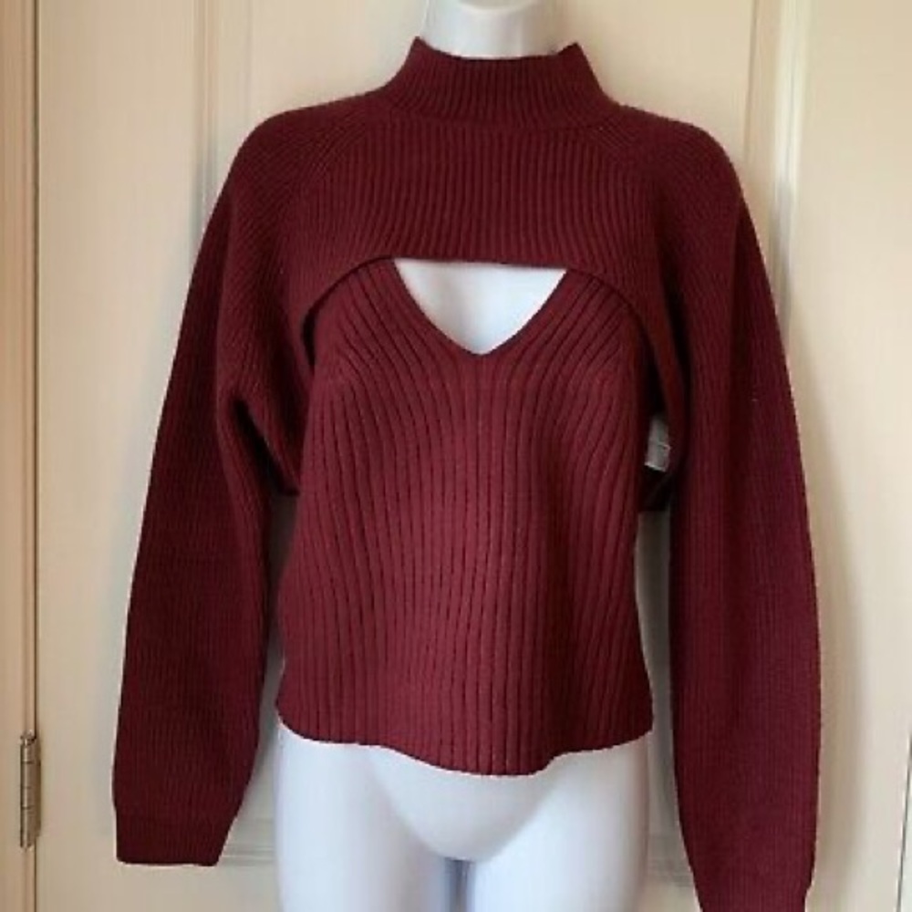 Anthropologie Turtleneck cut-out Shrug Set in Rasberry